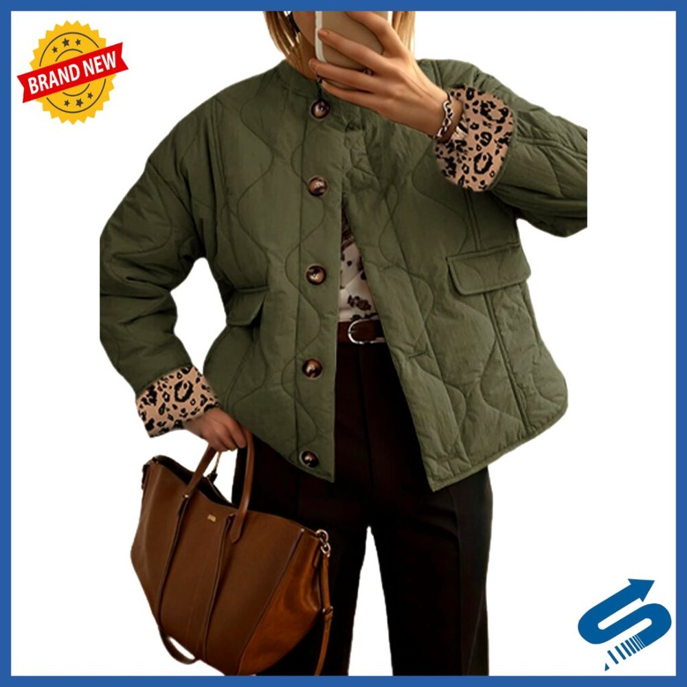 Quilted Puffer Jacket Button Down Leopard Print C… - image 1